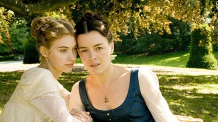 Actress Olivia Williams and Imogen Poots in period clothes playing aunt and neice