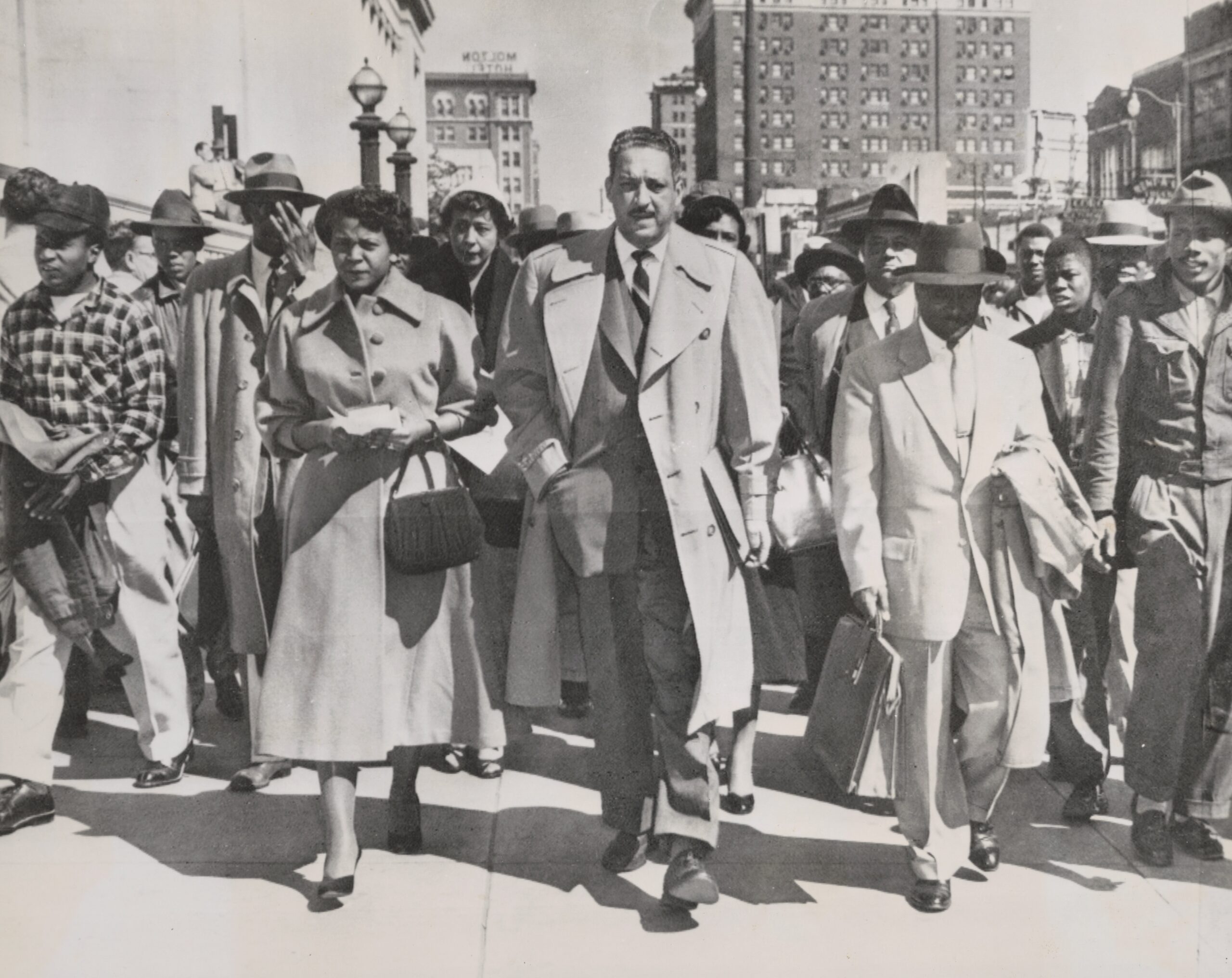 Thurgood Marshall leaves Federal Court in Birmingham, Alabama, on February 29, 1956.