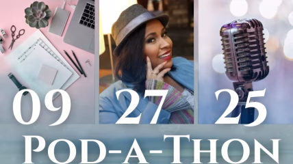 Aerial shot of a desk with lap top and papers, a Black woman wearing a gray hat with short Black hair with her hand up to her cheek, a microphone.
