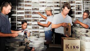 Three people gping through records in a record store