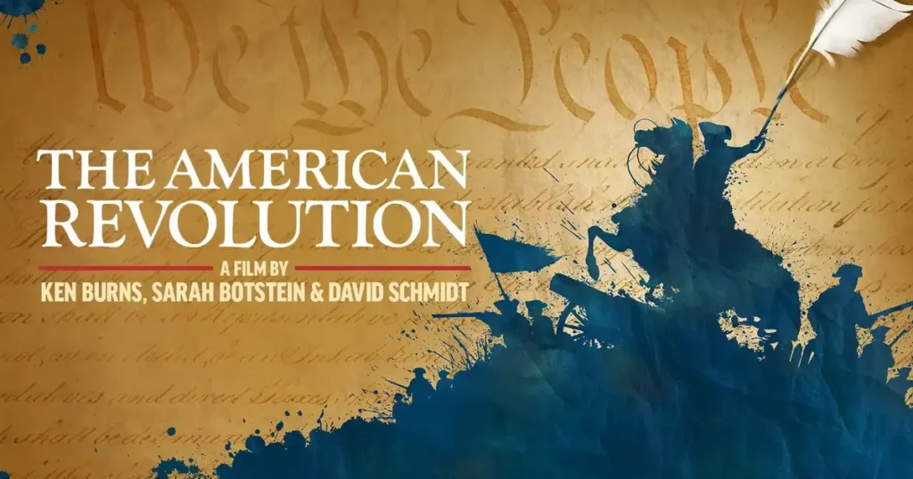 The American Revolution with a silhoutte of a solider on a horse holding a flag.