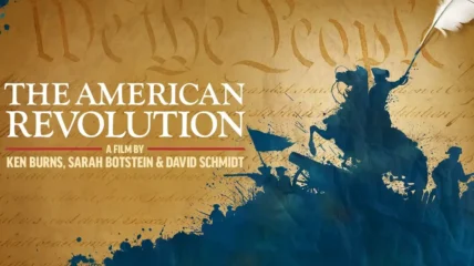 The American Revolution with a silhoutte of a solider on a horse holding a flag.