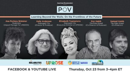 Five people, three women and two men head shots on a black background with copy that reads: POV Learning Beyond the Walls: On the Frontlines of the Future