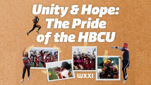 Four snap shot of crowds of people with white type that reads Unity & Hope: The Pride of the HBCU