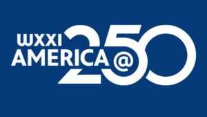 Blue background with white type that reads WXXI America @ 250