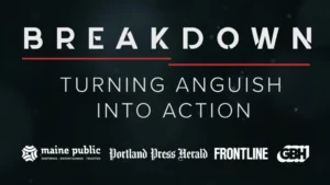 Black background with white type that reads: BREAKDOWN TURNING ANGUISH INTO ACTION