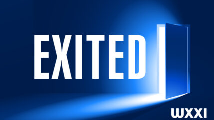 Blue background with white type that reads EXITED