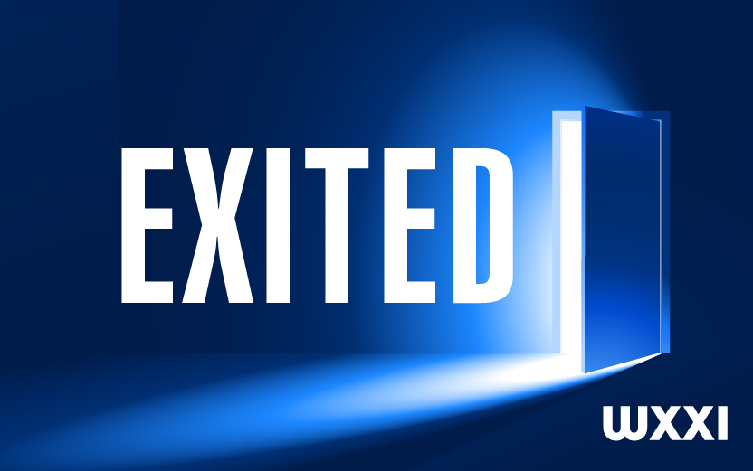 Blue background with white type that reads EXITED