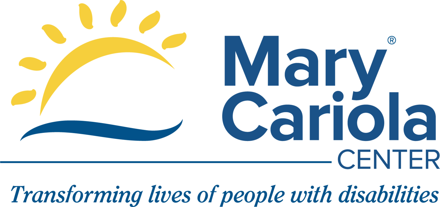 Mary Cariola Center in blue with a yellow outine of the sun and swish of blue underneath.