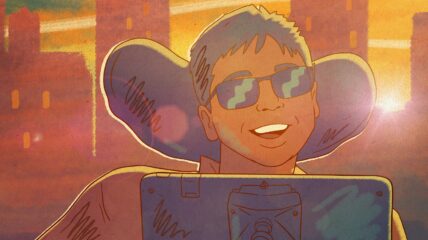 A yellow, orange, and gray animation still of Samuel smiling and wearing sunglasses with a city skyline behind him.