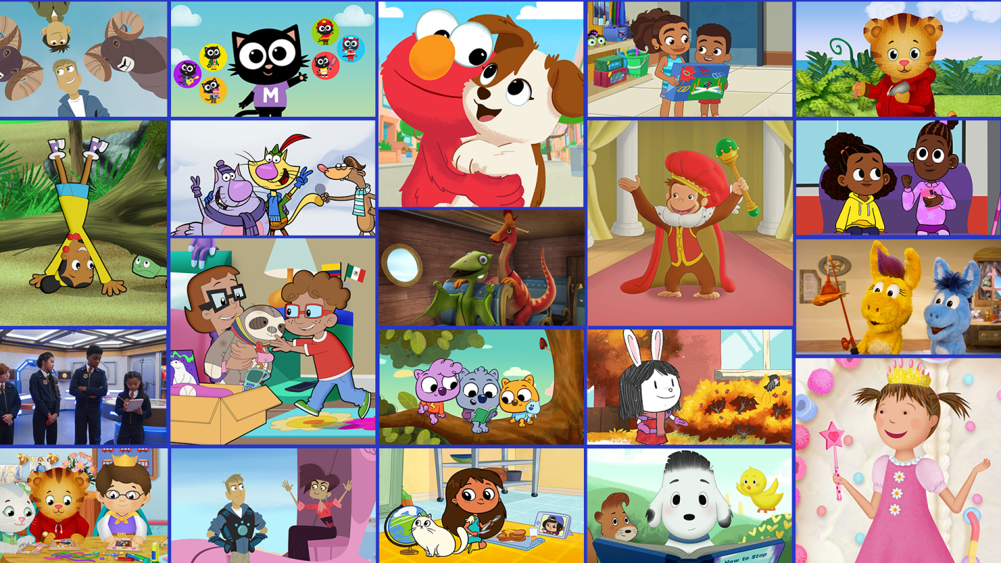 A montage of PBS KIDS characters including Elmo. Rosie Rules, the Wombats and more