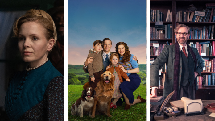 Miss Scarlet - a white woman with blonde hair, The cast of All Creatures Great and Small - mom, dad, two small children and two dogs outside on grass, a white man in a suit standing in front of a book case