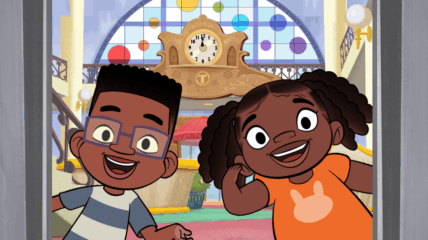 Two fraternal twins - a Black boy and Black girl stand in front of a room with a clock on the wall