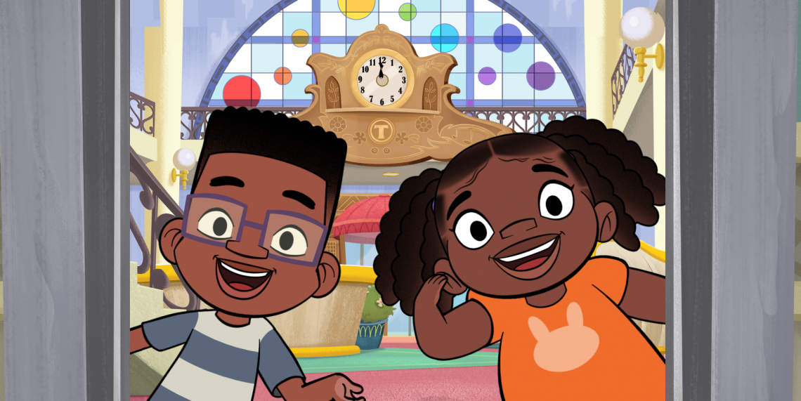 Two fraternal twins - a Black boy and Black girl stand in front of a room with a clock on the wall