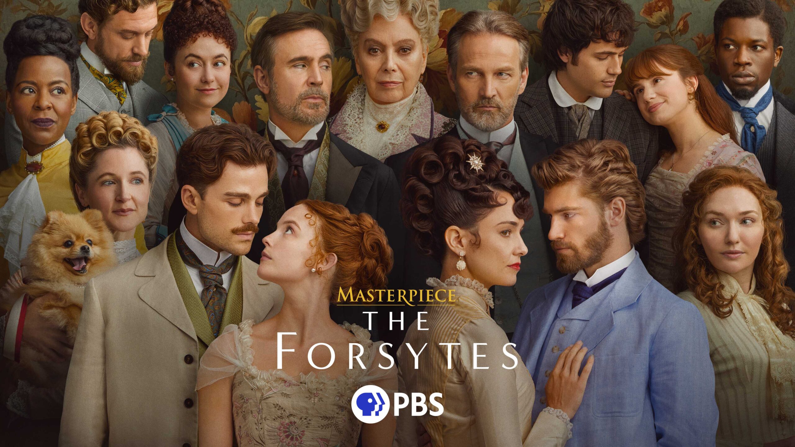 A collage of the cast of the Masterpiece series "The Forsytes." They are all in period clothes.