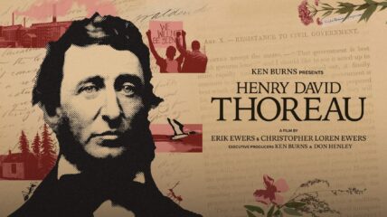 Henry David Thoreau in a suit and tie with maps and writings behind him