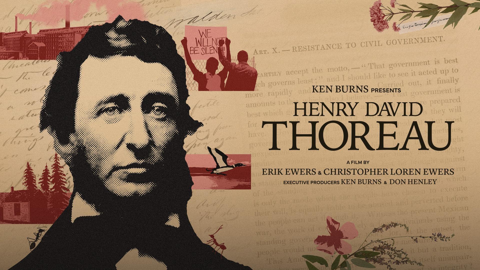 Henry David Thoreau in a suit and tie with maps and writings behind him