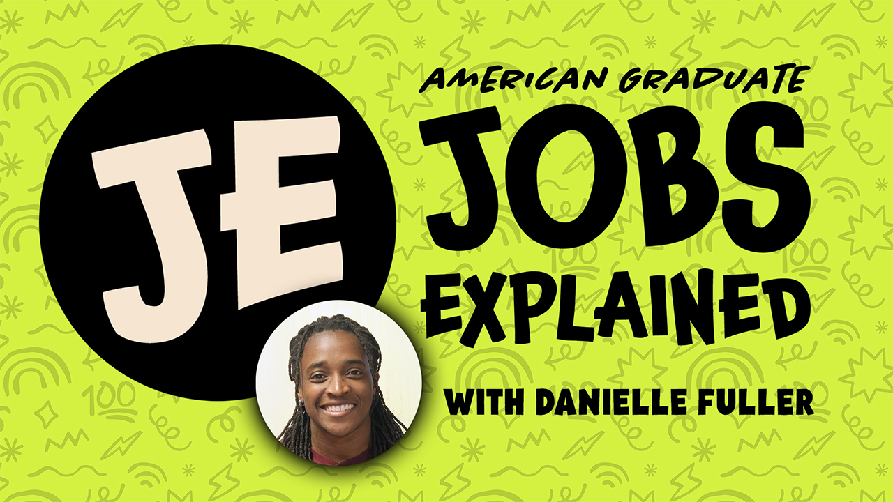 Lime green background with a black circle with the letters JE in light brown. Underneath that is a young black woman with long Black hair. Copy to the right reads Jobs Explained with Danielle Fuller