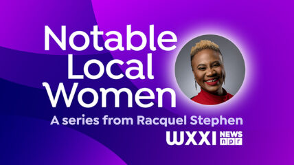 Purple swirl background with white type that reads: Notable Local Women A new sereis from Racquel Stephen. A photo of Racquel - a Black woman with short blonde hair wearing a red shirt.