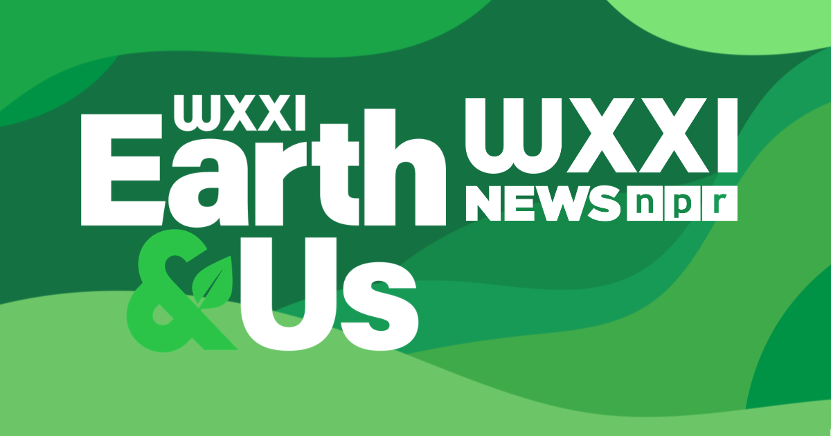Light and dark green waves as a background with white type that reads: WXXI Earth & Us and the WXXI News logo