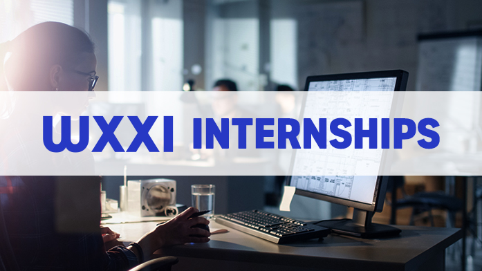 A shot of a laptop with a notebook and calendar. Test in black on a white border reads: wXXI Internships with a search button next to it.