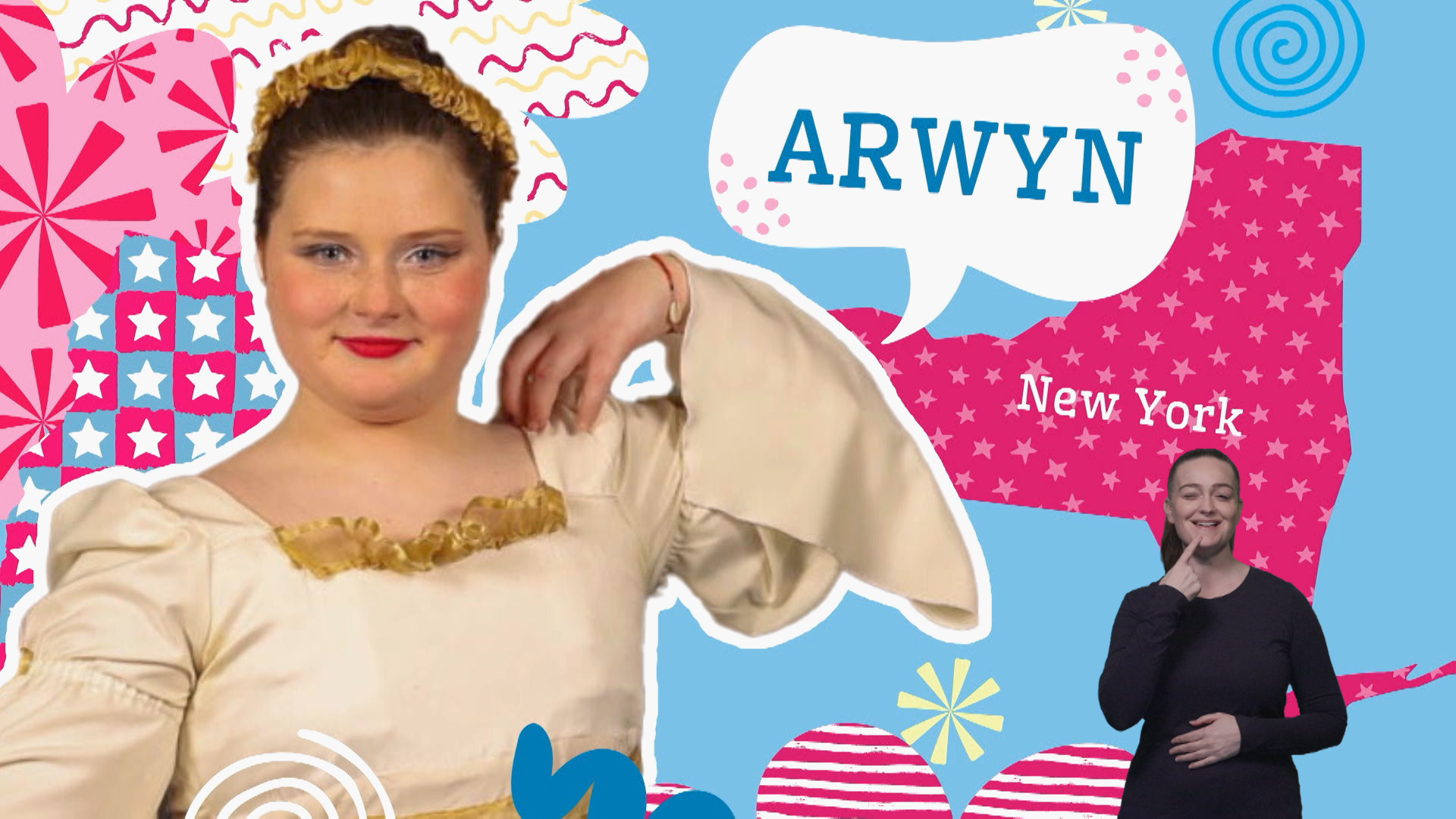 A young ballerini with brown hair pulled back. wearing a crown and a white and gold dress. She has one arm upand touching her shoulder. A thought bubble above her reads ARWYN. To the right is a woman ASL interpreter wearing black.
