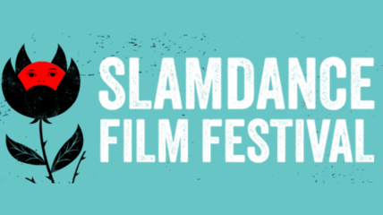 A drawing of a black flower with a red face planted in a blueish green background. Copy in white to the right reads: SLAMDANCE FILM FESTIVAL