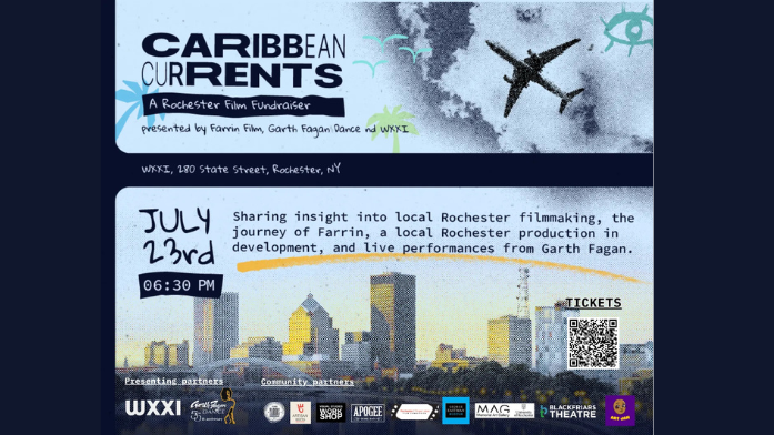 Rochester skyline below and a sky with an air plane above with copy the in black that reads: Caribbean Currents A Rochester Film Fundraiser July 23 6:30pm