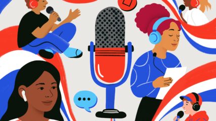 illustration of students with microphones and headphones making podcasts