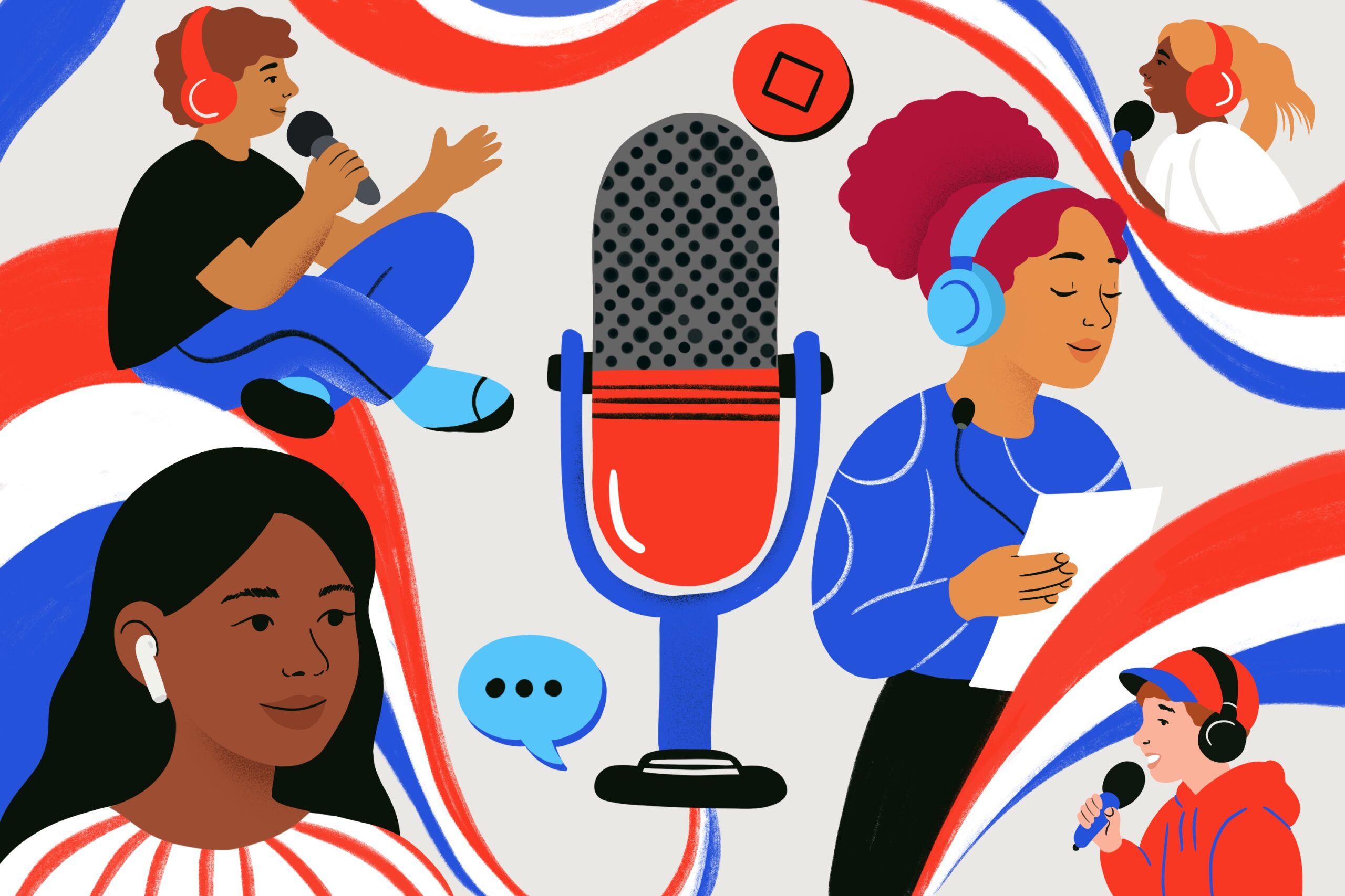 illustration of students with microphones and headphones making podcasts