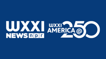 Blue background with white logos from WXXI News and WXXI America 250