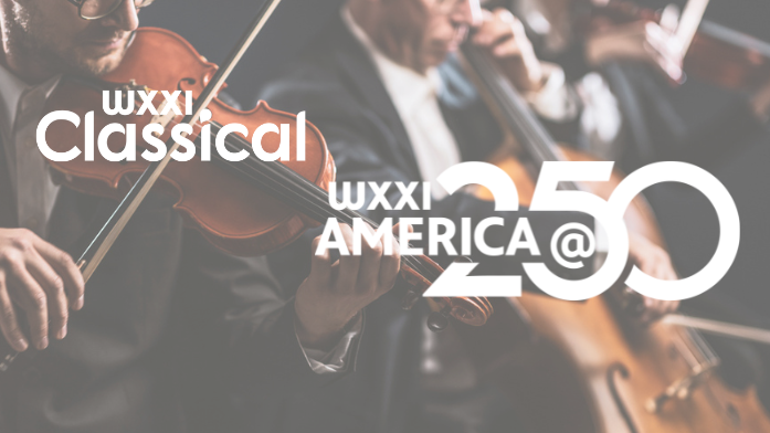 Two men in suits playing violins. Over the photo is the WXXI Classical logo and America 250 logo in white.
