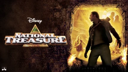 promotional poster with Nicholas Cage in a leather jacket standing in from of a yellow background. To the left it says NATIONAL TREASURE