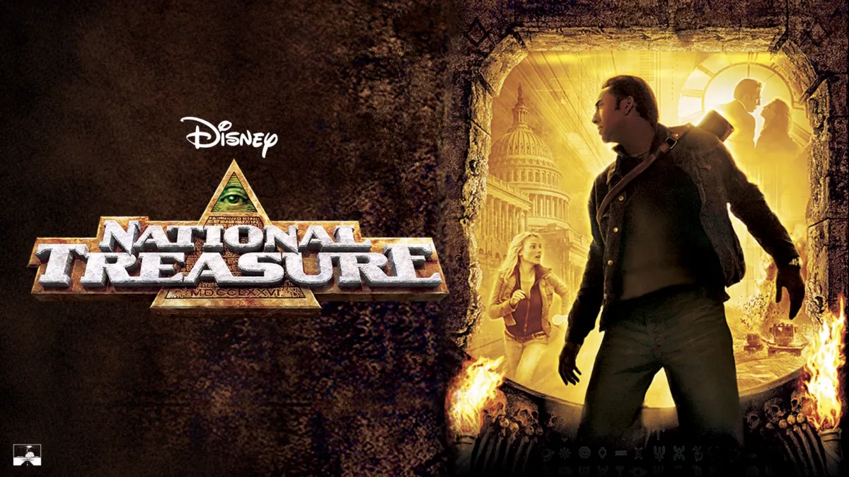 promotional poster with Nicholas Cage in a leather jacket standing in from of a yellow background. To the left it says NATIONAL TREASURE