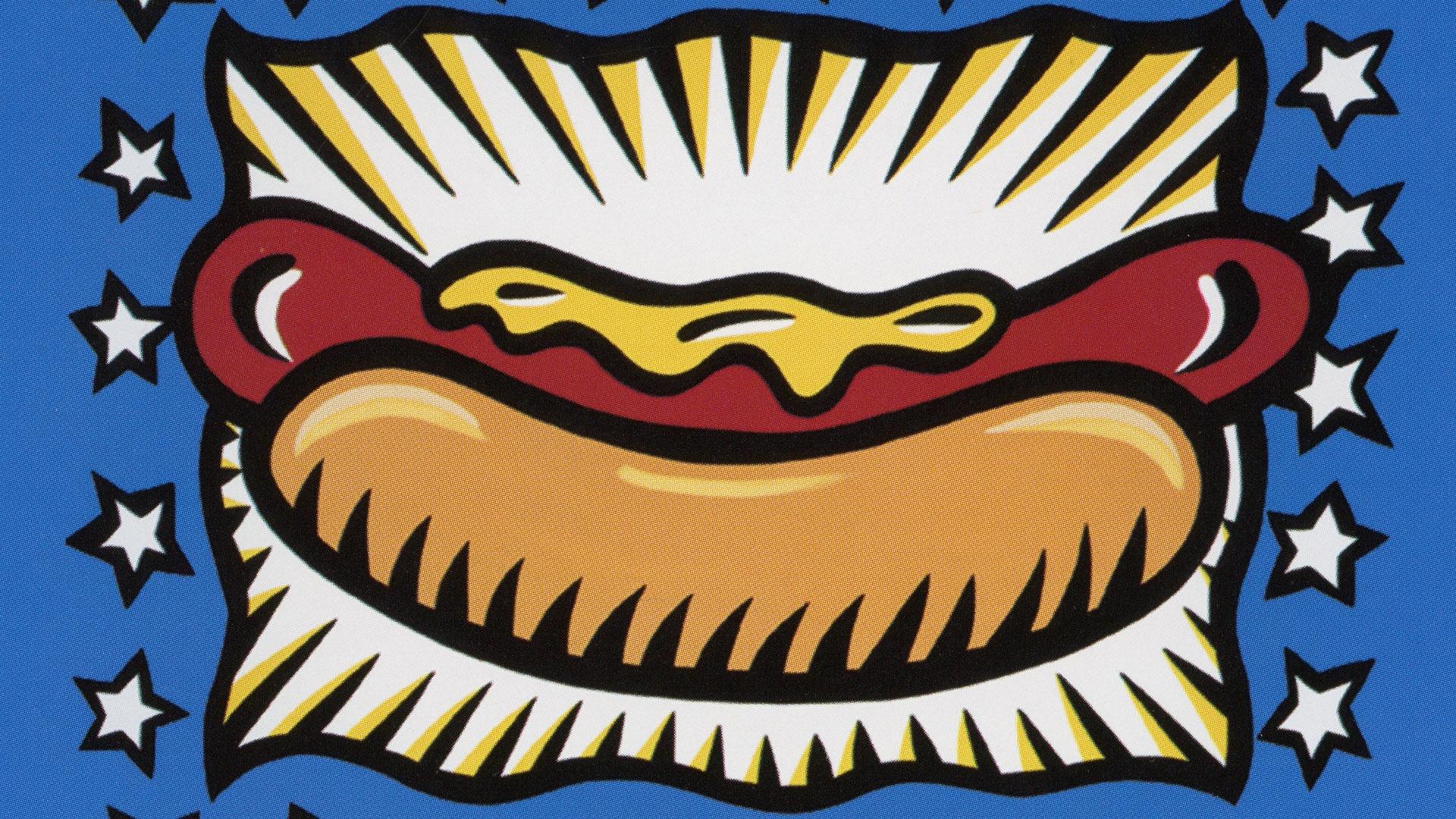An illustration of a hot dog in a bun with mustard. A Blue background with yellow stars.