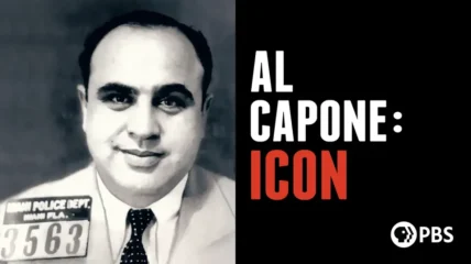 Black and white photo of Al Capone . The right on black reads in white Al Capon: Icon