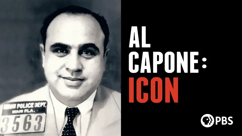 Black and white photo of Al Capone . The right on black reads in white Al Capon: Icon