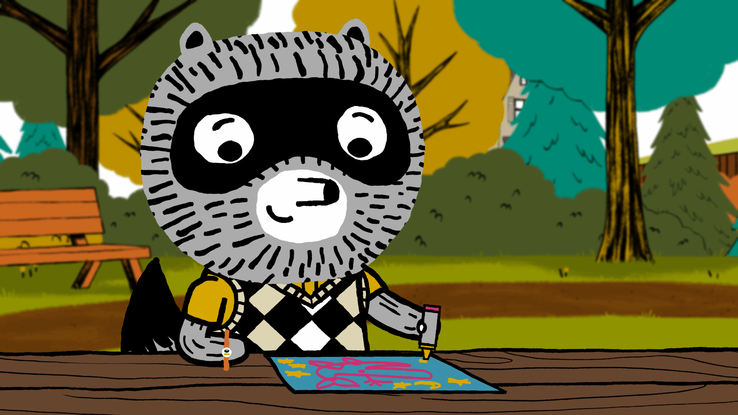Carl, a raccoon, is sitting outside at a picnic table drawing with crayons.