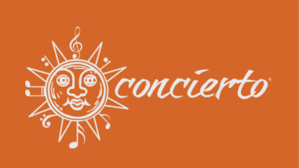 A sun with Concierto next to it in white on an orange background