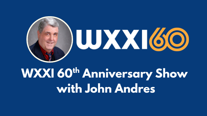 A photo in a circle of WXXI Classical music host John Andres, a white man with silver short hair, White copy on top of a blue background reads WXXI 60. WXXI 60th anniversary show with John Andres