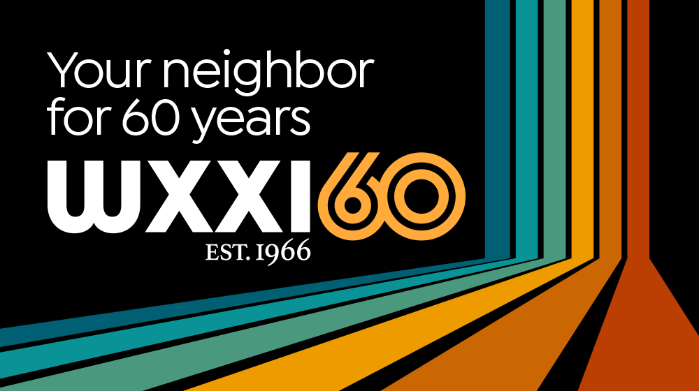 Black background with a red, orange, yellow and blue stripe from the right corner to the left. Copy in white reads "Your neighbor for 60 years" with the WXXI logo and 60.