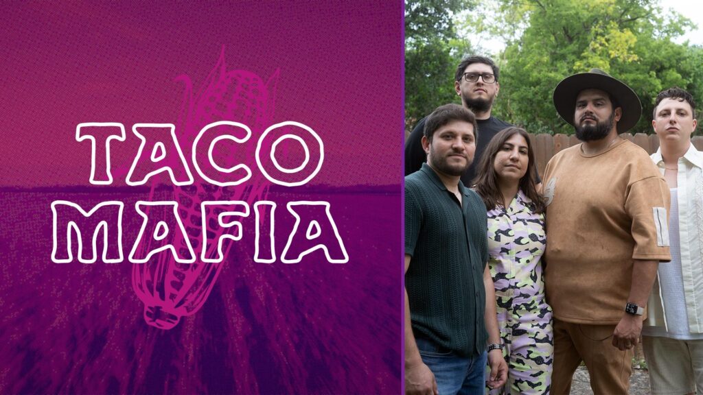 One woman and four man stand outside for a group shot. a graphic to the left include the words Taco Mafia in white lettering with an outline of an illustration of a piece of corn in purple behind it.