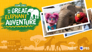 Yellow background with a pink muppet and red muppet posing with an elephant.
