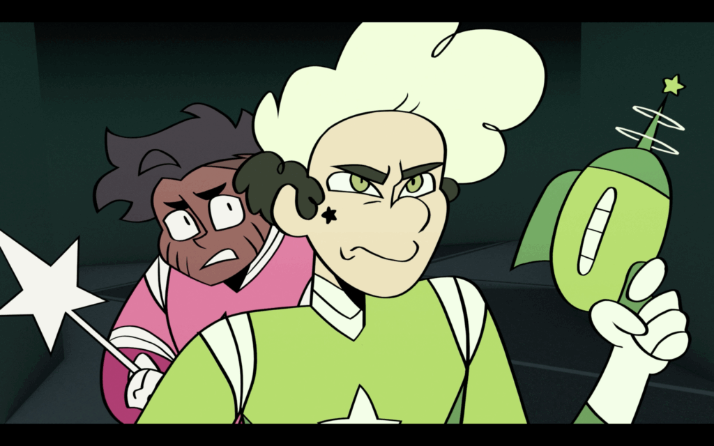 A boy with blonde hair wearing a green space suite looks determined. Behind him a Black boy n a red space suit looking surprised.