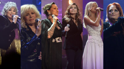 Collage of six female performers on stage during live music performances, each holding a microphone under purple and blue concert lighting. The performers are shown in vertical panels wearing a variety of stage outfits, including dark jackets, a black dress, a white gown, and a dark velvet ensemble. The image highlights a range of generations of country music artists performing in concert.