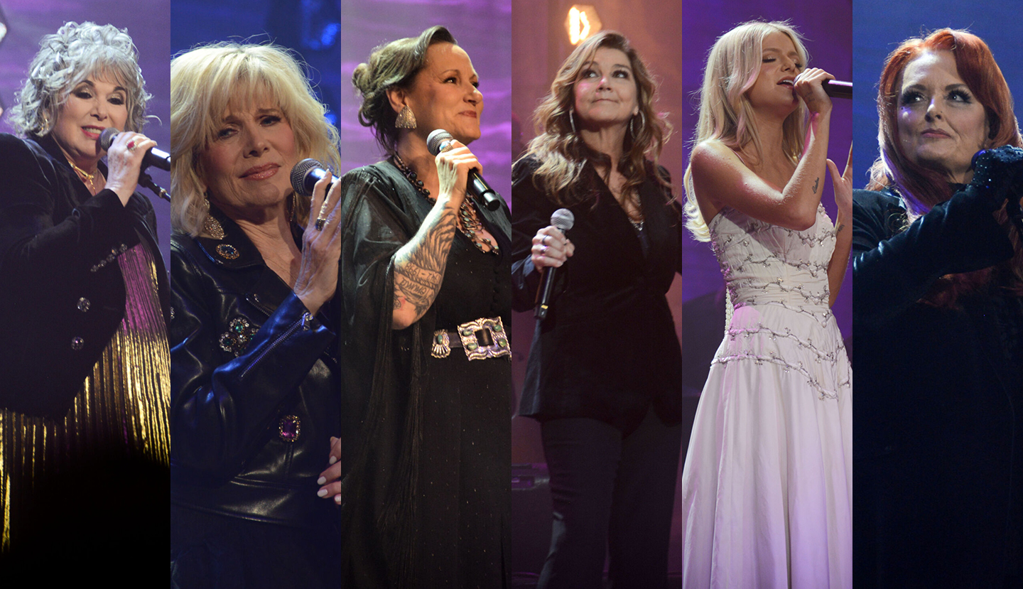 Collage of six female performers on stage during live music performances, each holding a microphone under purple and blue concert lighting. The performers are shown in vertical panels wearing a variety of stage outfits, including dark jackets, a black dress, a white gown, and a dark velvet ensemble. The image highlights a range of generations of country music artists performing in concert.