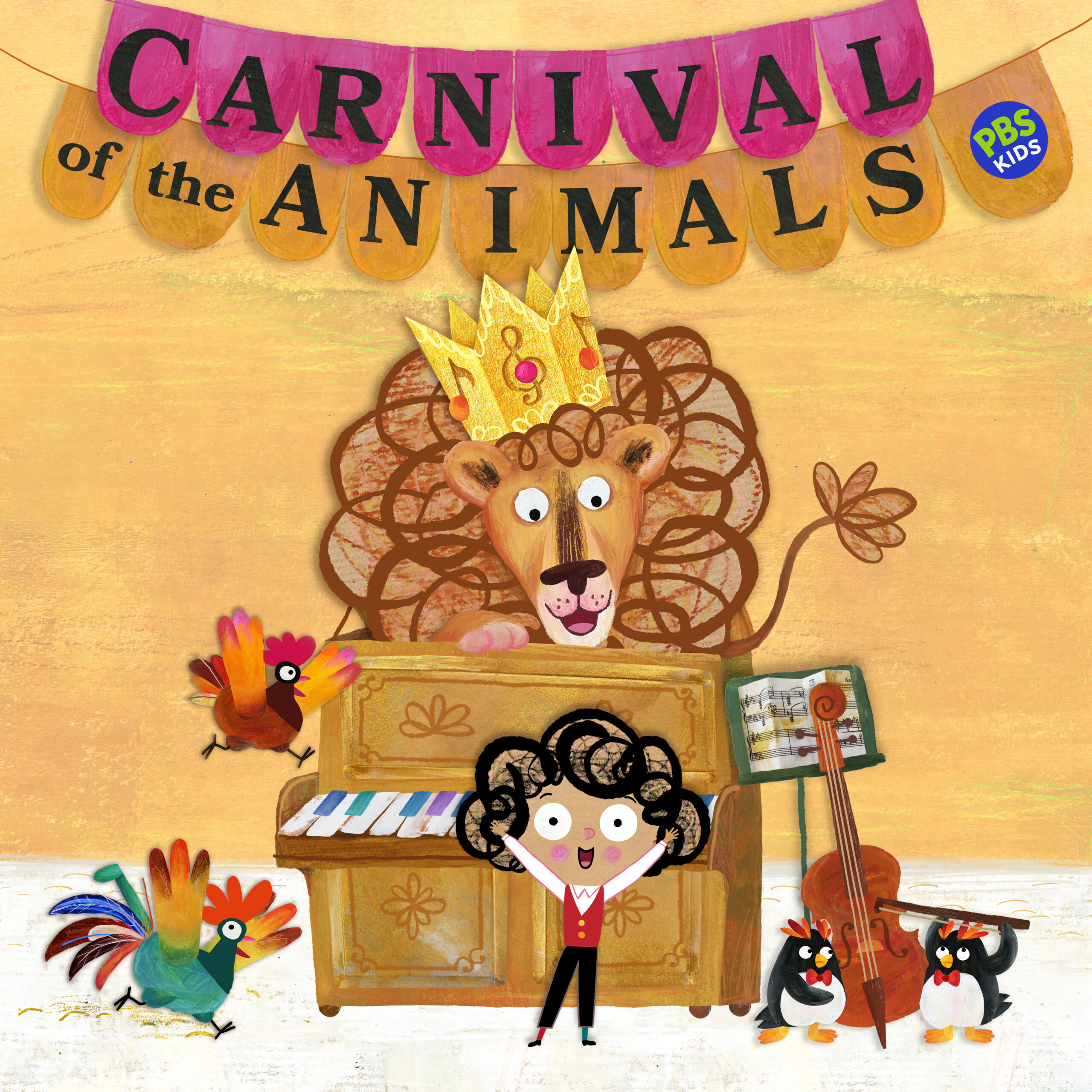 Little boy with lion and other animals near a piano.