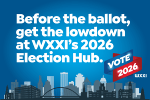 Blue background with white type that reads "Before the ballot, get the lowdown at WXXI's 2026 Election Hub. At the bottom rihgt corner is VOTE 2026 and the the WXXI logo.A Rochester skyline in the bottom of the page.