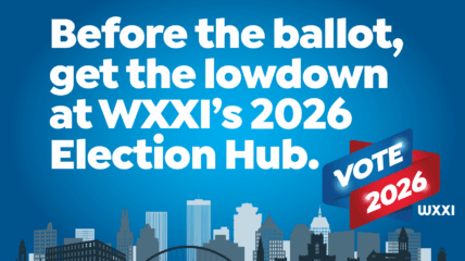 Blue background with white type that reads "Before the ballot, get the lowdown at WXXI's 2026 Election Hub. At the bottom rihgt corner is VOTE 2026 and the the WXXI logo.A Rochester skyline in the bottom of the page.