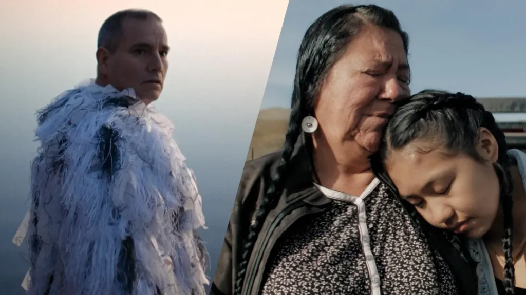 Split-screen image. On the left, a man stands outdoors against a pale sky, wearing a textured white garment made of layered strips of fabric and looking toward the camera. On the right, an older woman with long braided hair sits outdoors while a younger woman rests their head on the older person's shoulder. The image uses natural lighting and contrasts an individual portrait with a close, intimate two-person scene.